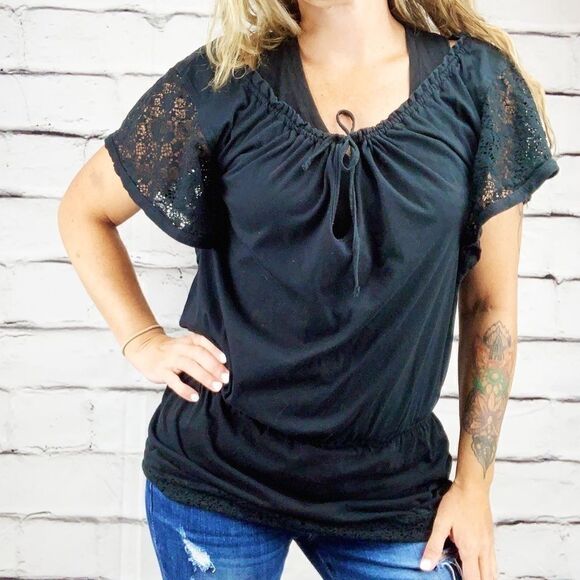 Converse One Star Black Lace Peplum Blouse Women’s Medium - Picture 2 of 9